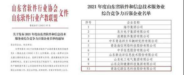 亿联科技入围2021年山东省百强软件企业 展现青岛软件业硬核实力